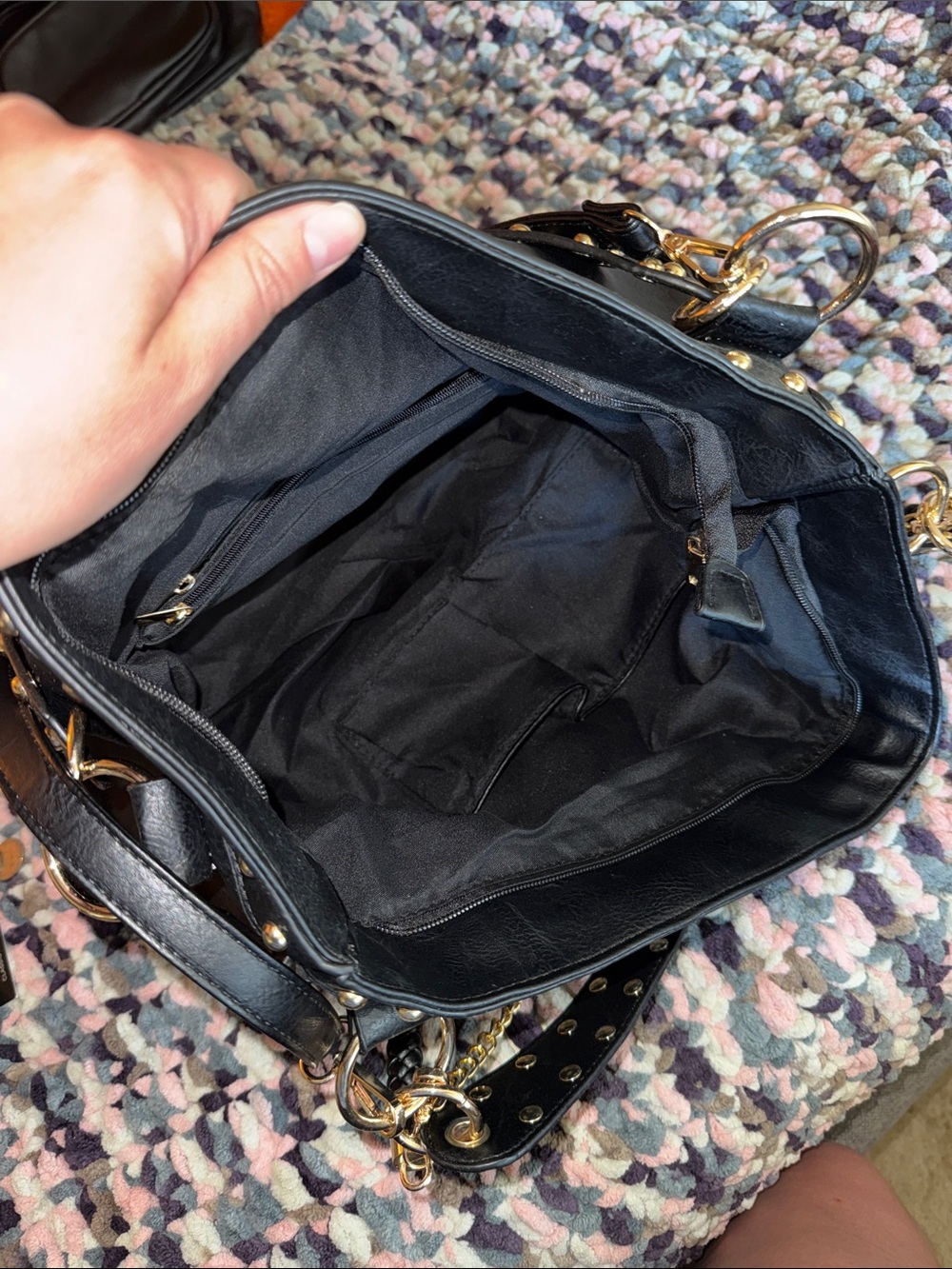 American Flag Print Black Hobo Bag with Studded Trim - Picture 3 of 4